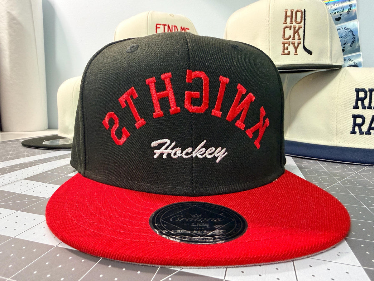 Custom Embroidery Hockey Team hat, Trendy Flipped Text, Custom Team Name & Color, Flat Bill Snapback Structured Hat, gift for hockey players