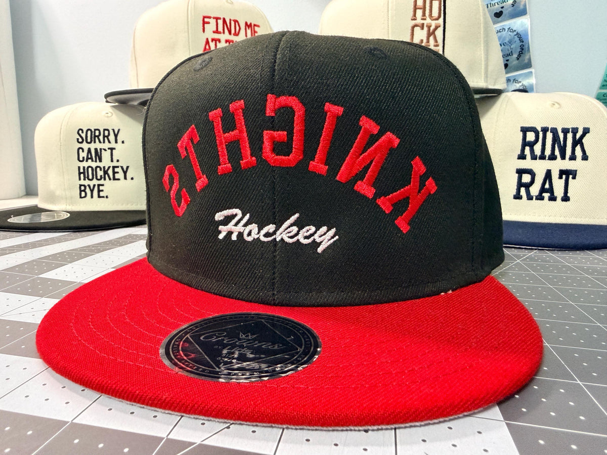 Custom Embroidery Hockey Team hat, Trendy Flipped Text, Custom Team Name & Color, Flat Bill Snapback Structured Hat, gift for hockey players