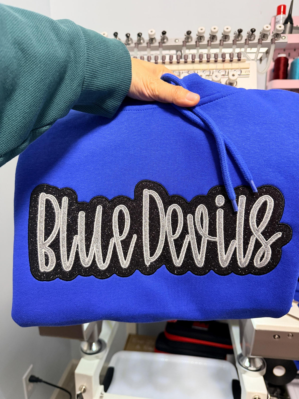 Custom Sport Team Embroidered Sweatshirt/Hoodie, Custom Mascot Name, Double Glitter Applique, Sport Team Apparel, hockey mom, volleyball mom