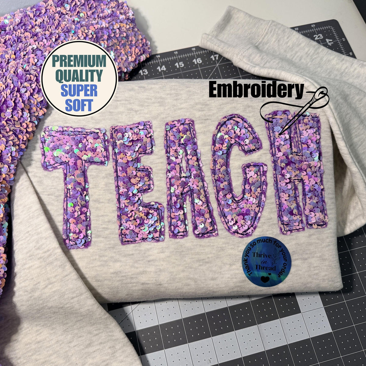 Custom Embroidered Teacher Sequins Sweatshirt/Hoodie, Sequins Applique Embroidery, Premium Quality, Teacher sweatshirt, cute teacher's gift