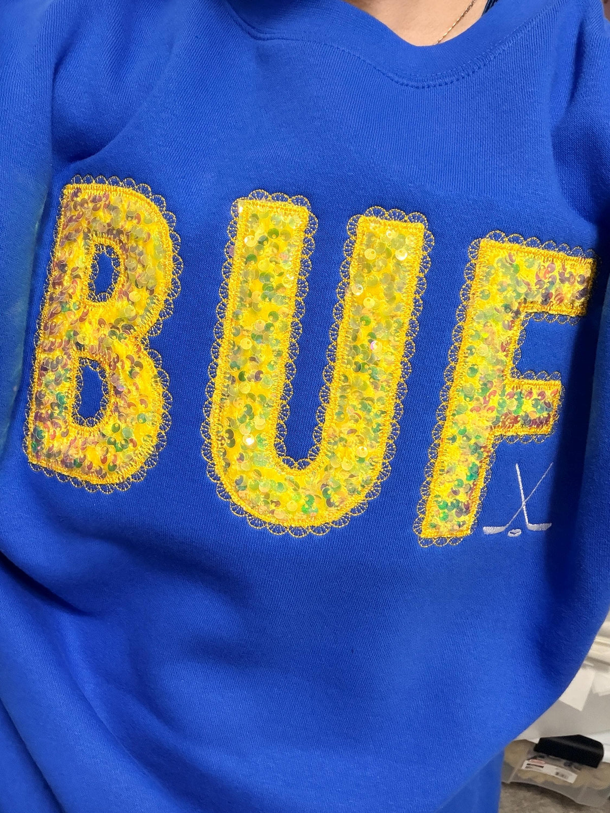 Custom Embroidered Buffalo Hockey Sequins Lace Font Sweatshirt/Hoodie, Buffalo Hockey, Sequins Applique, BUF sweatshirt, buffalo hockey fans