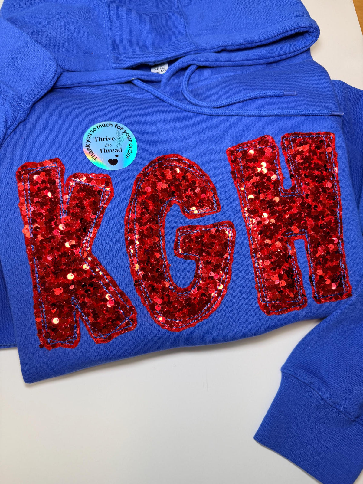Custom Embroidered School Spirit Sweatshirt/Hoodie, Sequins embroidered school spirit wear, custom mascot, Bling spirit wear, back to school